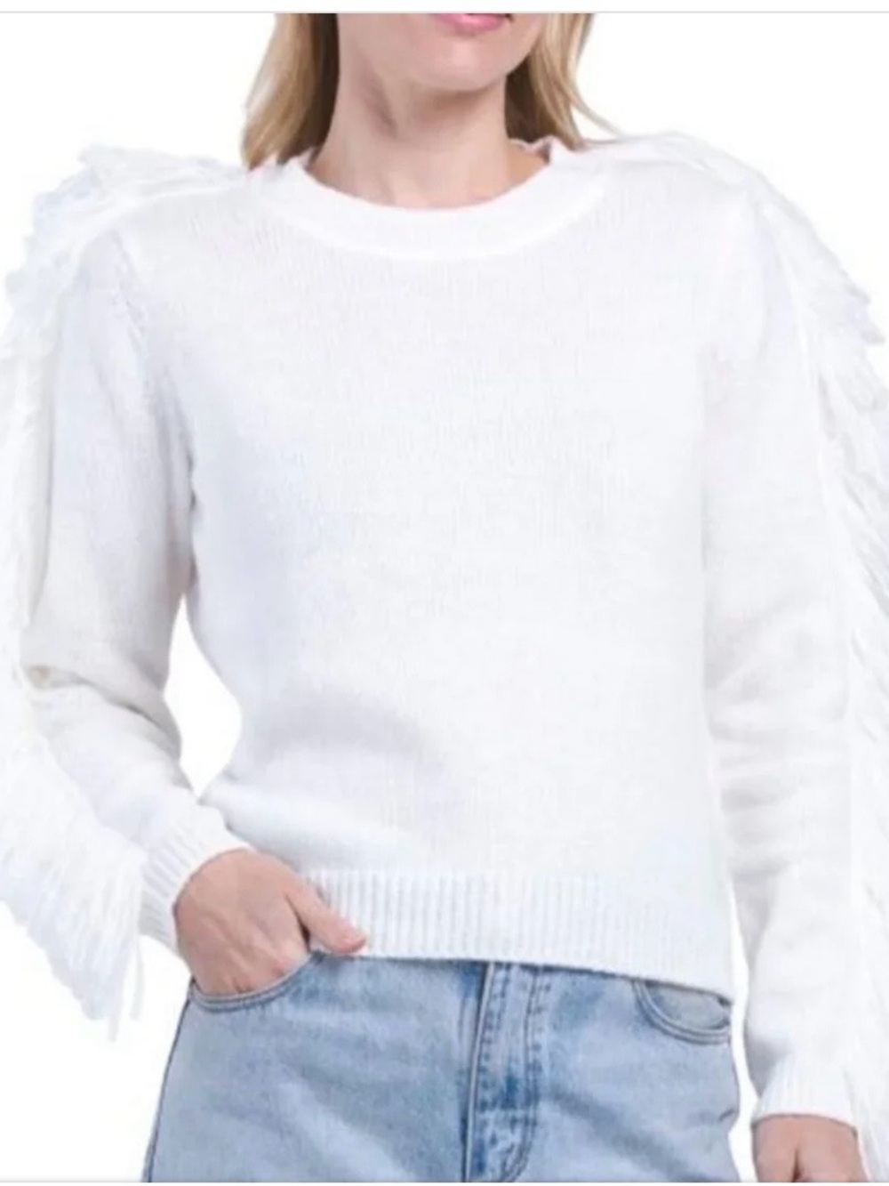 Milly White Fringe-Trim Crewneck Sweater